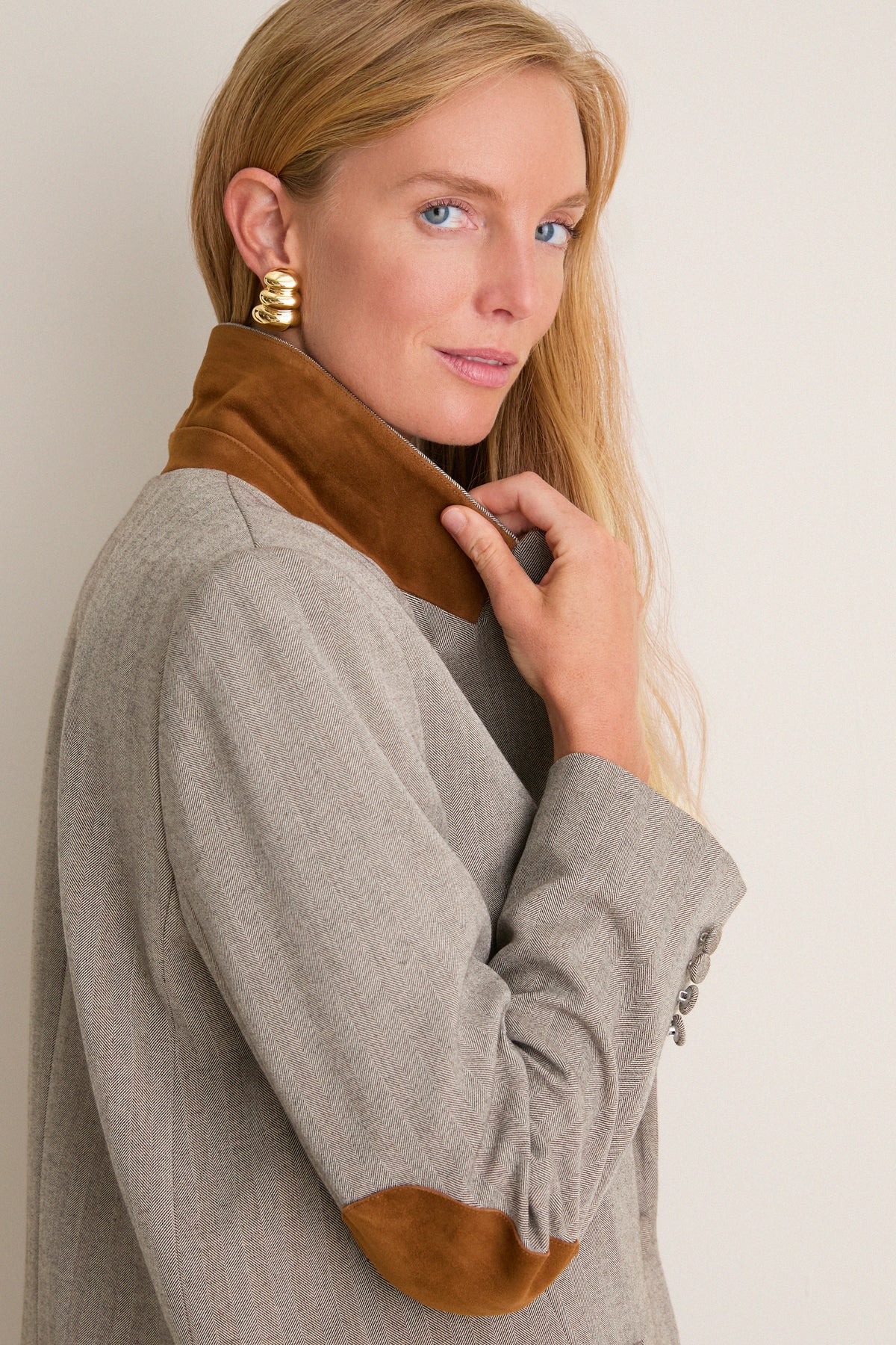 Gray Herringbone Suede Patch Leo Blazer