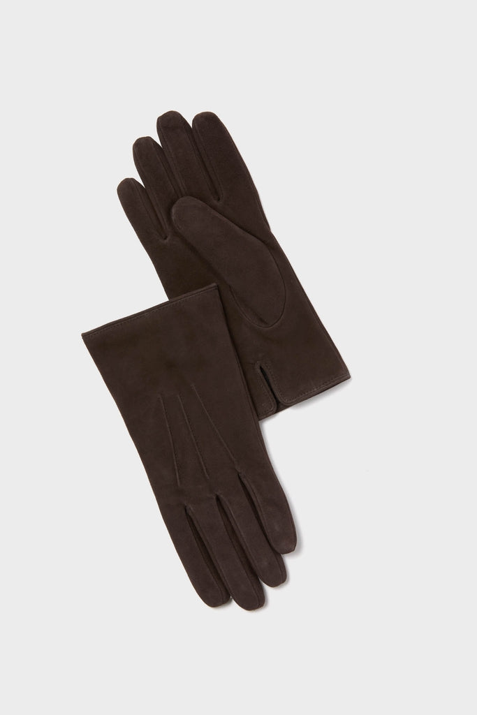 Demitasse Short Suede Gloves, featuring classic, full-fingered design with one palm-side and one back-side up, offering an effortless, high-end touch for fun, confident styling.