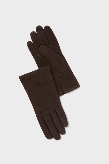 Demitasse Short Suede Gloves, featuring classic, full-fingered design with one palm-side and one back-side up, offering an effortless, high-end touch for fun, confident styling.