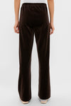 Back view of classic Chocolate Brown Velour Jane Pant, featuring a high-end, relaxed fit with elastic waistband, wide leg, and straight hem for an effortless, fun look.