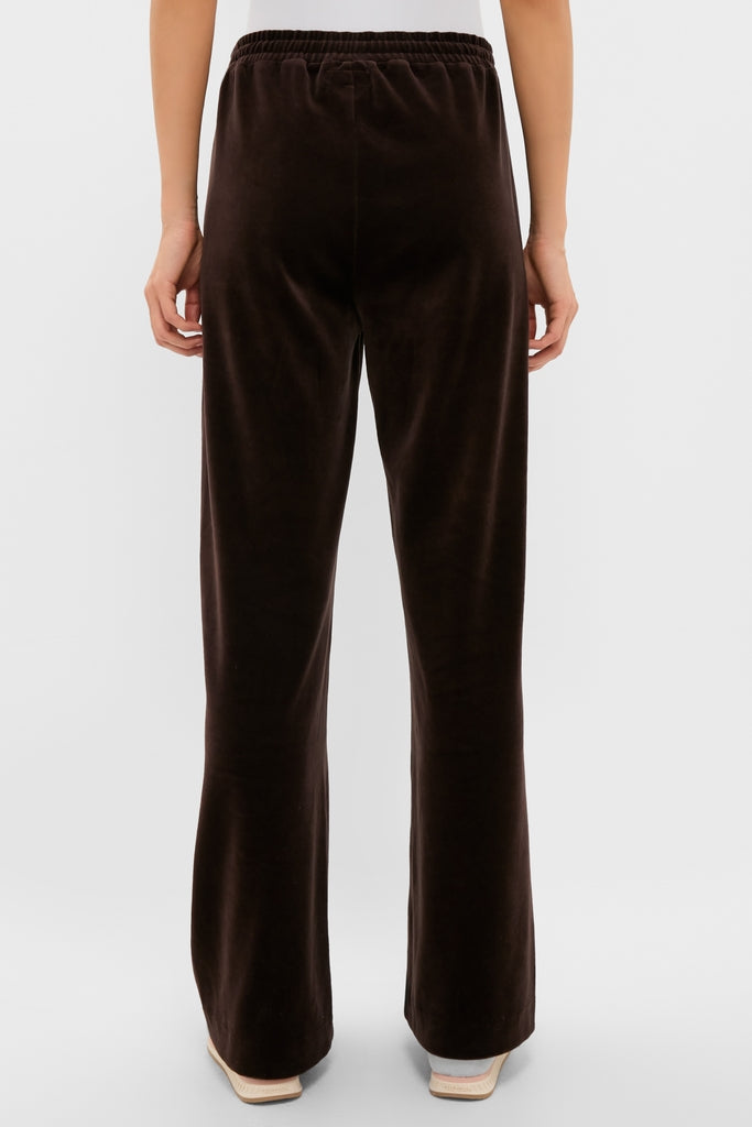 Back view of classic Chocolate Brown Velour Jane Pant, featuring a high-end, relaxed fit with elastic waistband, wide leg, and straight hem for an effortless, fun look.