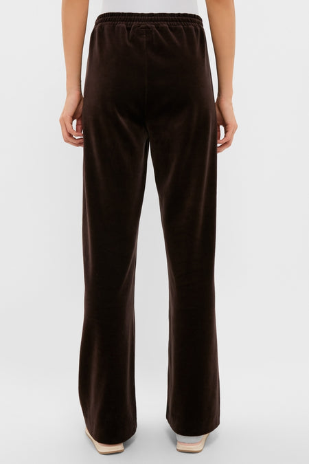Back view of classic Chocolate Brown Velour Jane Pant, featuring a high-end, relaxed fit with elastic waistband, wide leg, and straight hem for an effortless, fun look.