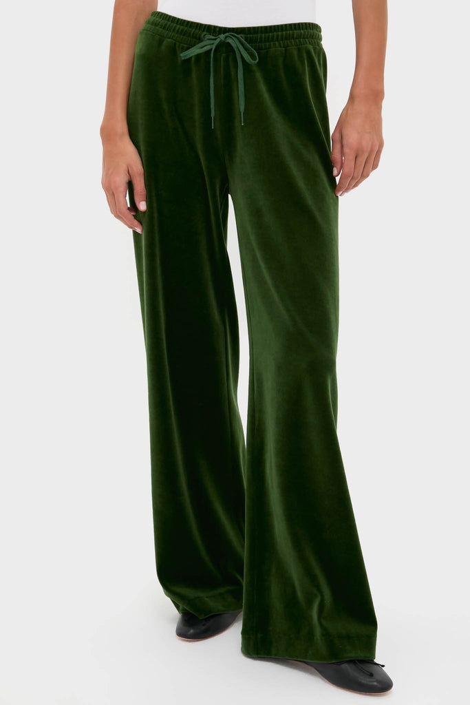 Douglas Fir Velour Jane Pant in dark forest-green, offering a classic, effortless, and high-end look with wide-leg silhouette and elasticated drawstring waist for comfort and style.