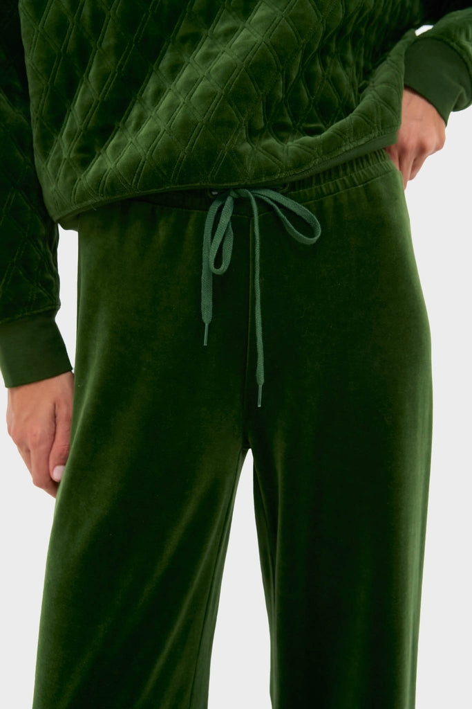 Douglas Fir Velour Jane Pant exudes effortless chic with its classic wide-leg, relaxed fit, and elasticated waist, perfect for high-end comfort and fun loungewear styling.