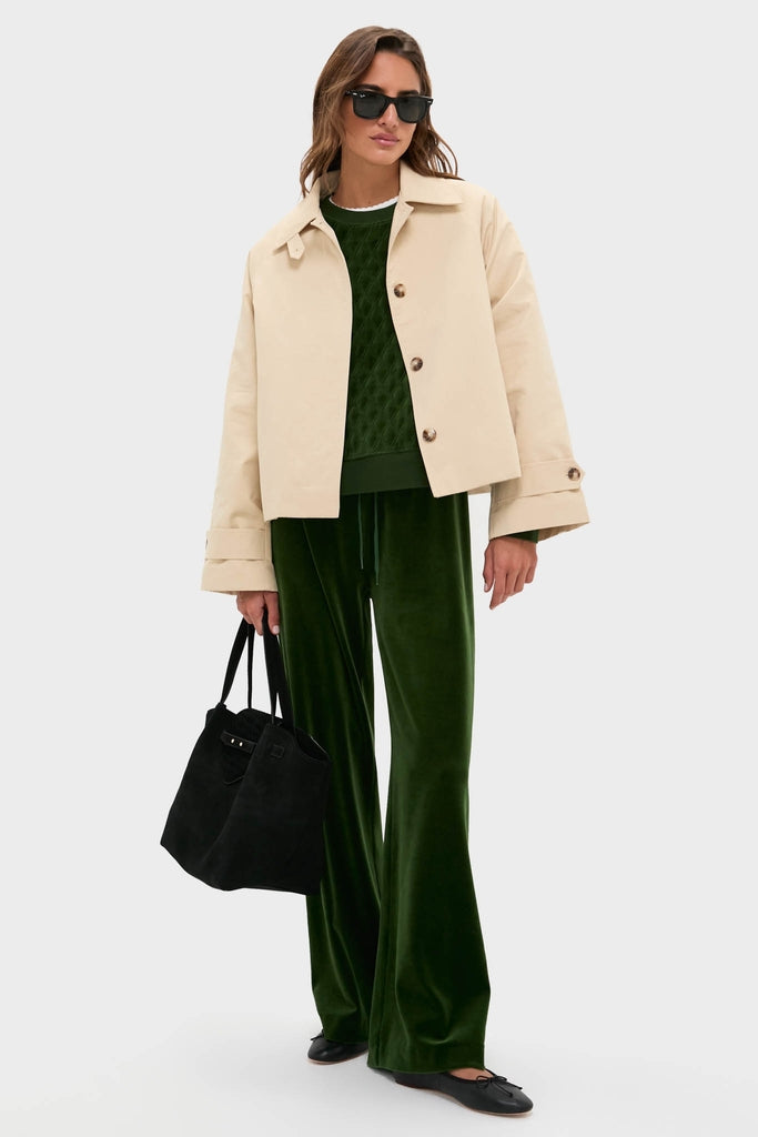 Model wearing classic Douglas Fir Velour Jane Pant with high-end relaxed fit, effortless wide-leg design, and fun drawstring waist, paired with a chic ensemble.