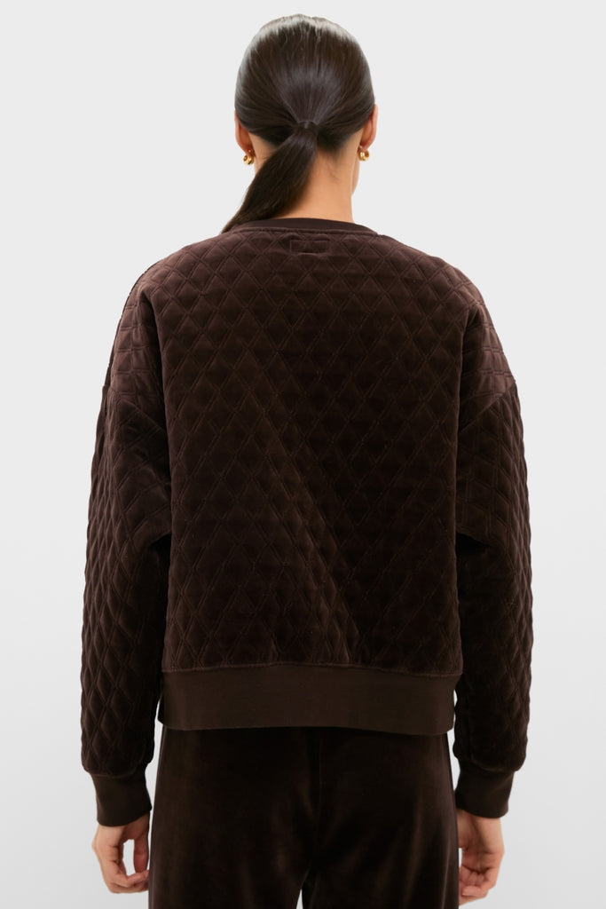 Back view of a person in a classic, quilted Chocolate Brown Velour Bennett Pullover with matching pants, embodying effortless, high-end style and fun casual elegance.
