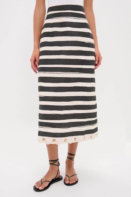 Black Stripe Story Pencil Skirt with eyelet rope detail, exuding classic elegance. Paired with black strappy sandals for an effortless, high-end look.