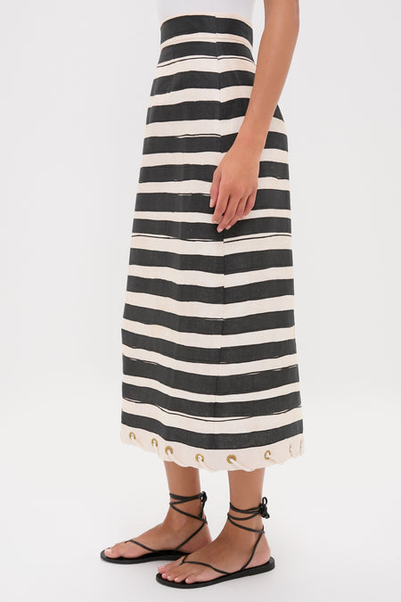 The Black Stripe Story Pencil Skirt showcases effortless sophistication with classic stripes and playful rope trim, embodying high-end style perfect for fun, warm-weather outings.
