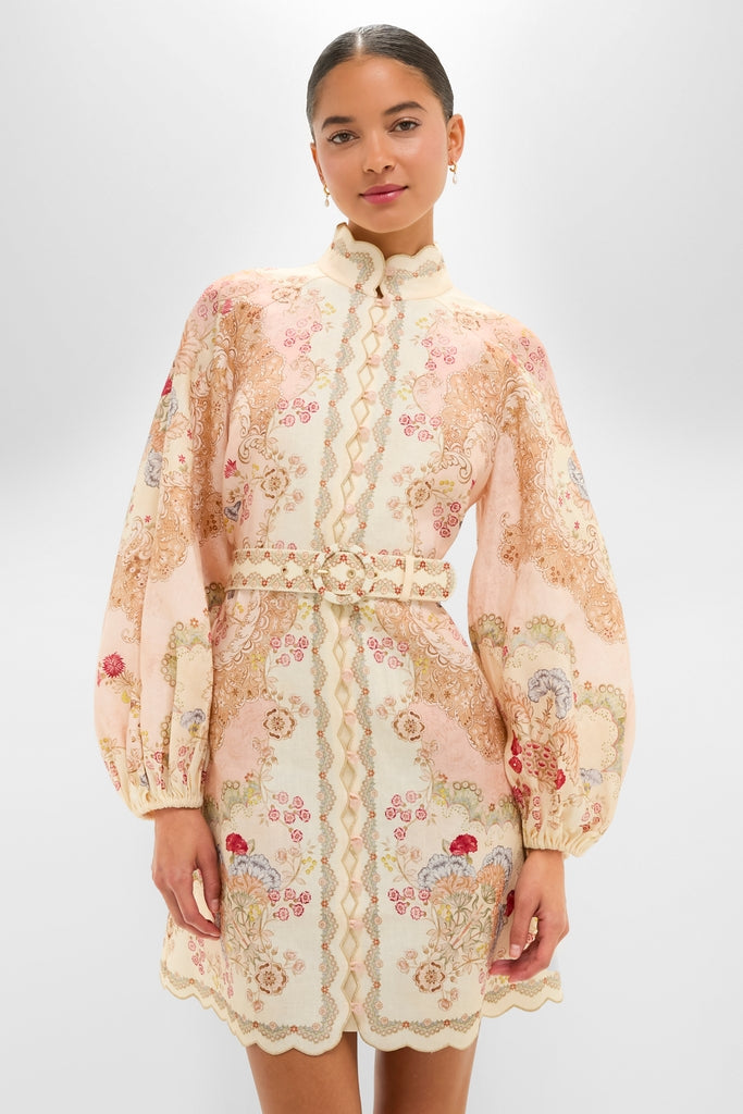 Wallpaper Floral Blush Daylight Mini Dress showcases classic, effortless style with a vintage floral print, stand collar, and belted waist, perfect for high-end, fun occasions.