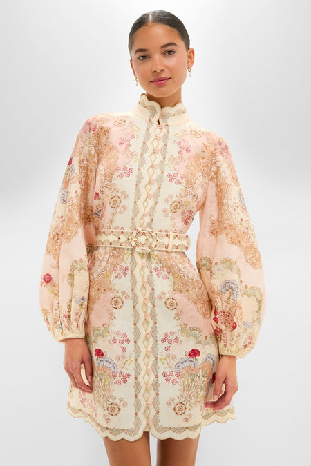 Wallpaper Floral Blush Daylight Mini Dress showcases classic, effortless style with a vintage floral print, stand collar, and belted waist, perfect for high-end, fun occasions.