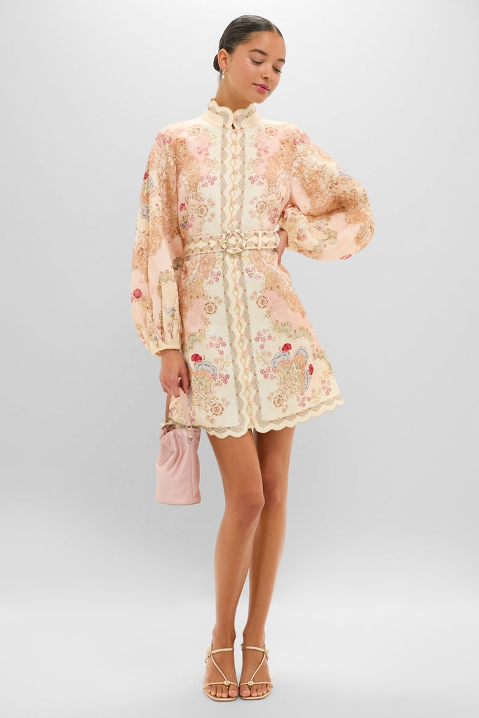 Wallpaper Floral Blush Daylight Mini Dress: A classic, high-end linen mini with a stand collar, voluminous sleeves, and a removable belt, exuding effortless, fun elegance.