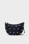 Navy Suede Lune Bag: A classic, crescent-shaped clutch with silver studs, zipper closure, and versatile strap. Effortlessly fun and high-end, perfect for any adventure.