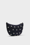Navy Suede Lune Bag: A classic, half-moon clutch with effortless appeal, featuring high-end navy suede and fun silver studs, perfect for an elevated yet easy style.