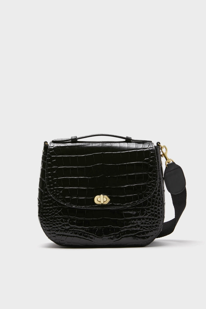 Black Croco Turnlock Louis with Top Handle, a classic, high-end handbag featuring a croc-embossed texture, gold-tone turn-lock clasp, and detachable strap for an effortless, fun style.