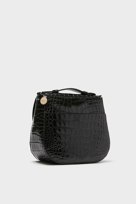 Black Croco Turnlock Louis with Top Handle: A classic, high-end handbag in glossy crocodile-embossed leather, featuring a structured saddle style, top handle, and effortless gold-tone logo charm.
