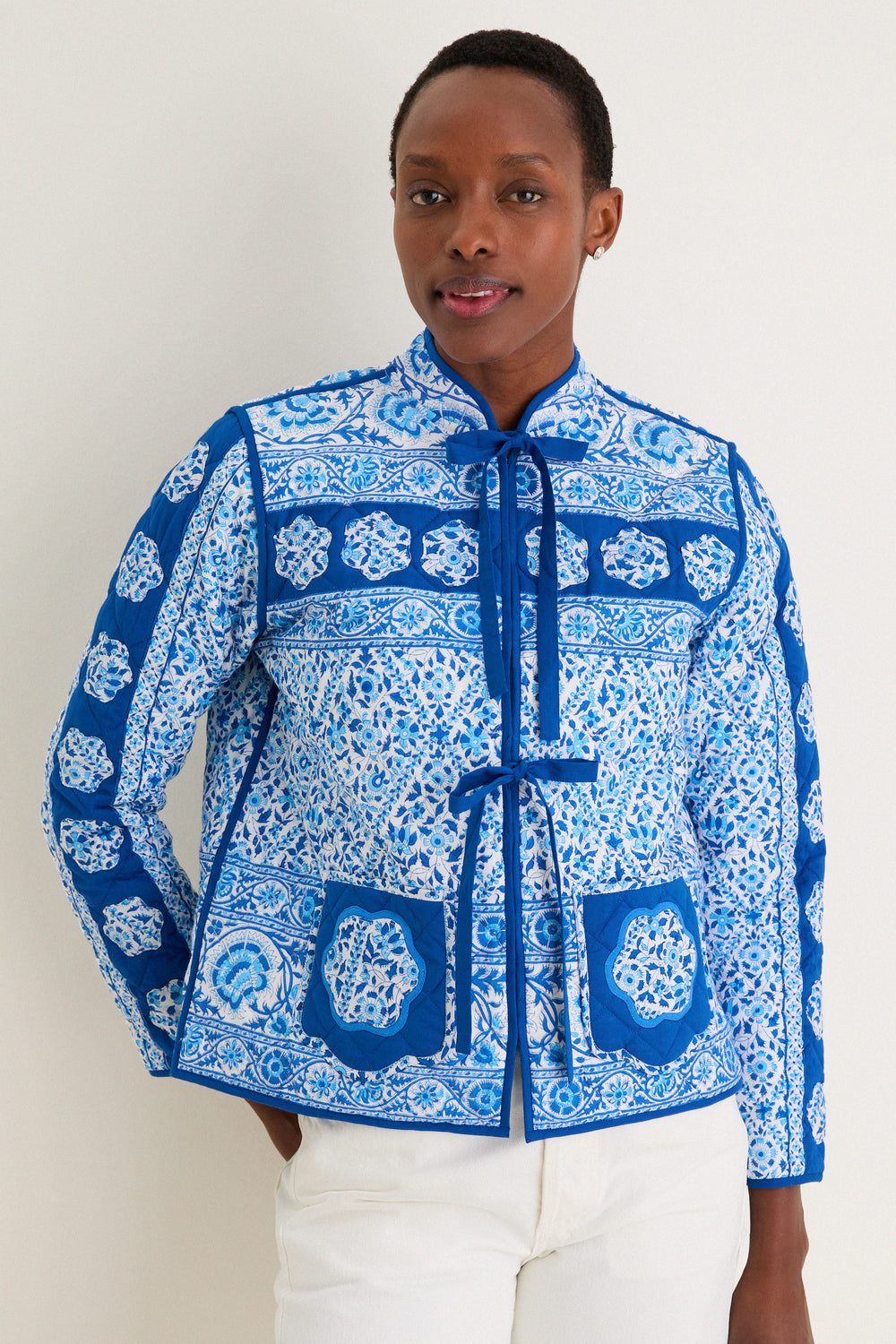 blue dress pink jacket Azure Patchwork Penny Jacket, S
