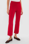 Deep Red Rene Pull On Pant features classic high-waisted, cropped-flare design with a fun, effortless kick flare, showcasing high-end tailoring and smooth front seams for a confident style.