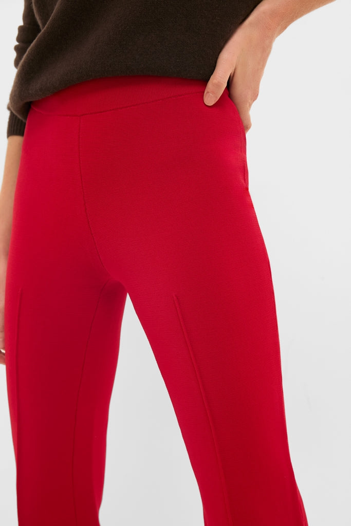 Deep Red Rene Pull On Pant with subtle seam detailing, showing a classic and effortless style. Perfect for a high-end, fun look with a kick flare design.