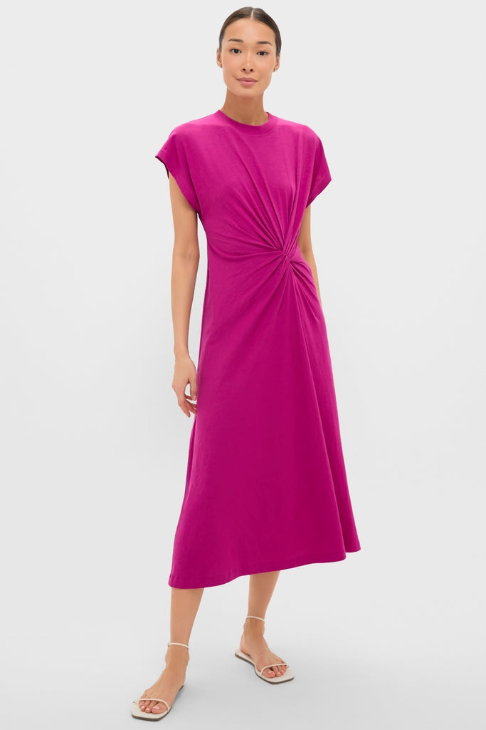 Fuchsia Volta Twist Dress: A classic, effortless A-line midi dress featuring a side twist detail, perfect for a fun, high-end look.