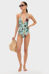 Zooflora One Piece Swimsuit: A classic, effortless high-end halter swimsuit with a deep V neckline, adorned with fun tropical patterns, perfect for a confident, stylish look.