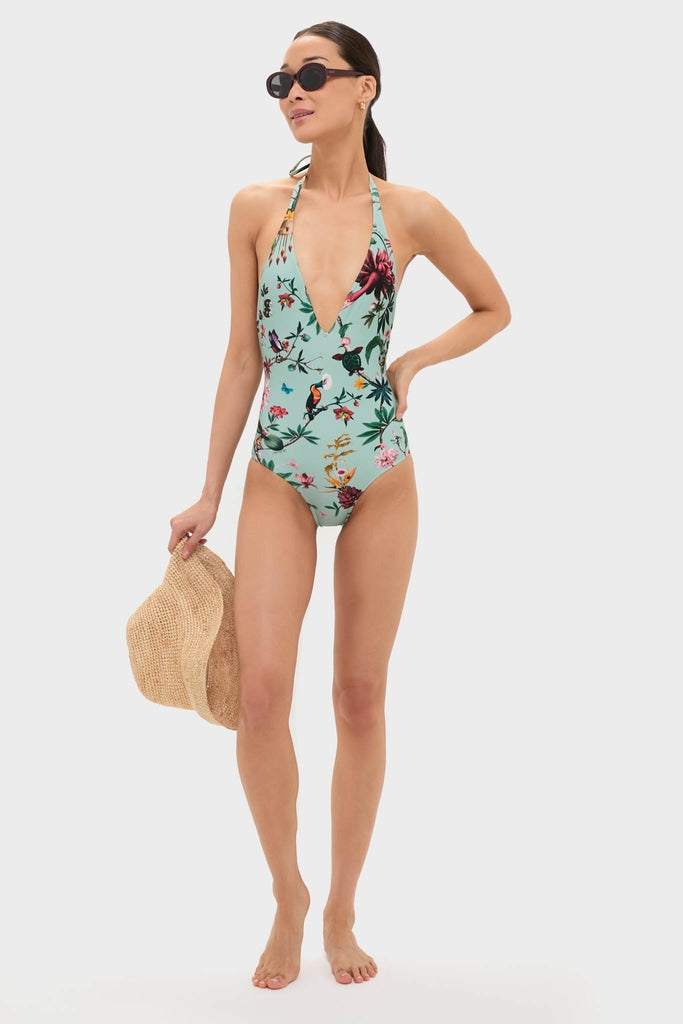 Zooflora One Piece Swimsuit: A classic, effortless high-end halter swimsuit with a deep V neckline, adorned with fun tropical patterns, perfect for a confident, stylish look.