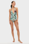 Zooflora One Piece Swimsuit: A classic, high-end swimsuit with tropical motifs, featuring an effortless halter-neck design and deep V-neck, perfect for fun and confident beach days.
