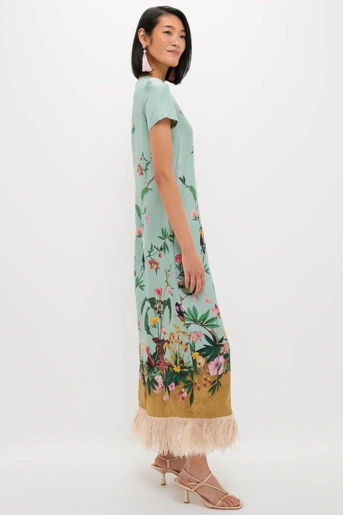 Zooflora Panel Swing Dress with Feathers exudes classic elegance and effortless style, featuring a fun tropical print, high-end silk fabric, and a distinctive feather trim.