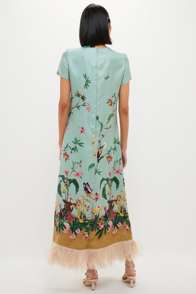 Zooflora Panel Swing Dress with Feathers showcases an effortless, classic look, featuring a high-end botanical print with feather trim, perfect for fun events.