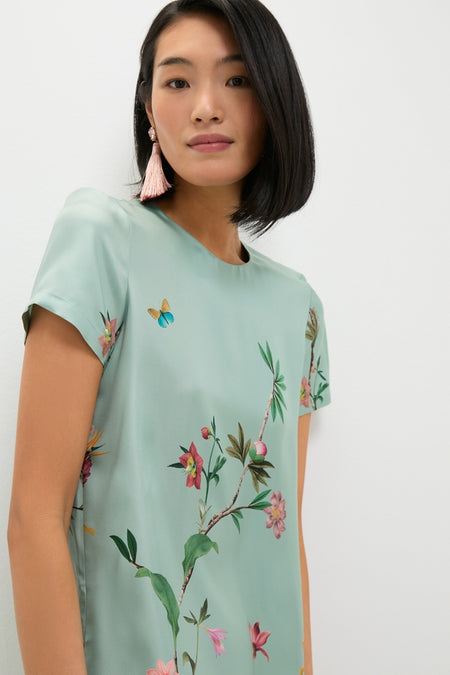 Zooflora Panel Swing Dress with Feathers: A young woman models this effortless, classic dress featuring delicate floral motifs, a flattering A-line silhouette, and fun feather trim.