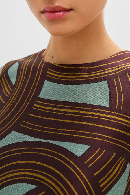 Montecarlo Jacquard La Scala Top with a bold pattern, showcasing its classic, asymmetrical trapeze silhouette for an effortless, fun, high-end look.