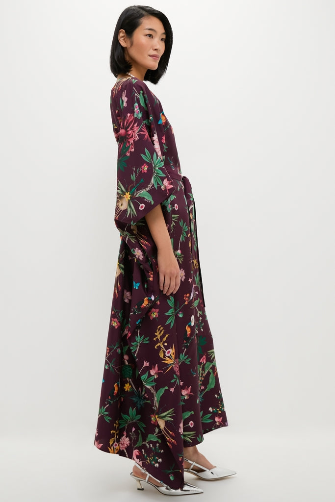 Model in a classic, high-end Zooflora Square Kaftan with kimono sleeves and a botanical print, styled effortlessly with silver sling-back shoes.