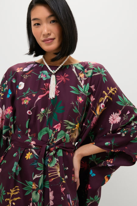 Zooflora Square Kaftan features a classic, effortless silhouette with a botanical print, kimono sleeves, and a fun, high-end sash for versatile styling.