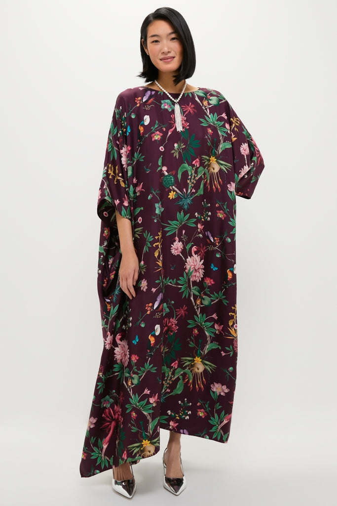 Zooflora Square Kaftan: A classic, effortless silk dress with bold floral motifs, kimono sleeves, and a relaxed fit, perfect for high-end, fun occasions.