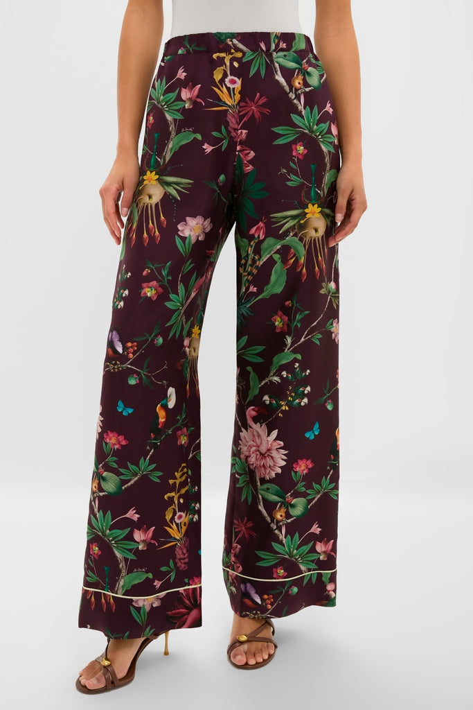 Model wearing Zooflora Pajama Pants showcasing a classic wide-leg silhouette with a vibrant botanical print, creating an effortless, high-end style perfect for fun, relaxed elegance.