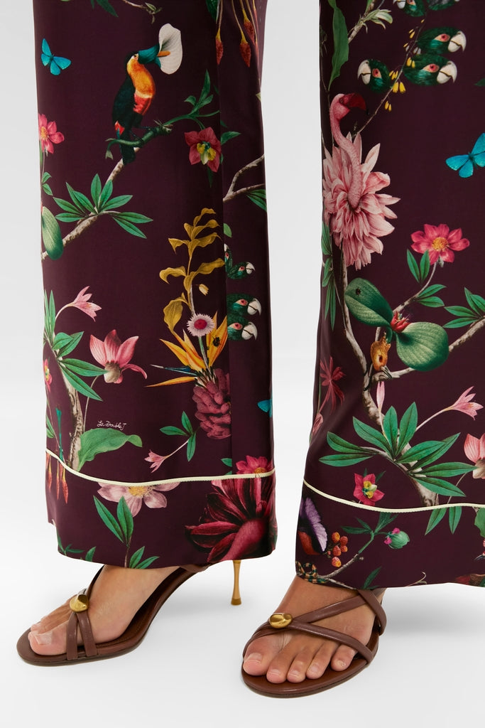 Zooflora Pajama Pants feature a classic wide-leg design with botanical prints, offering an effortless high-end look, paired with fun, chic sandals.