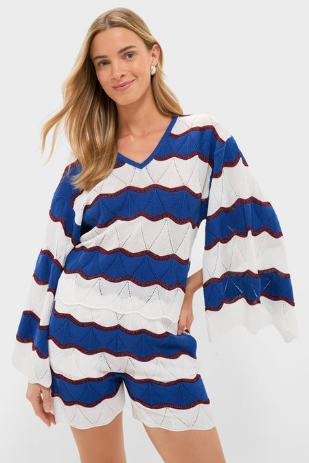 Color Block Ecru and Blue Hang Ten Pullover