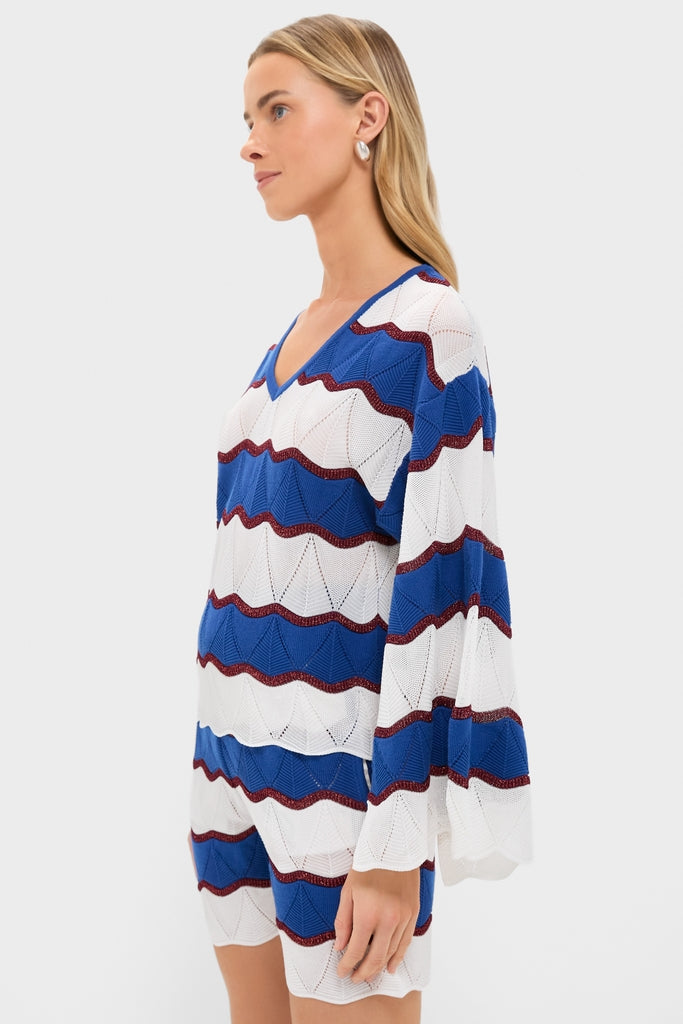 Color Block Ecru and Blue Hang Ten Pullover
