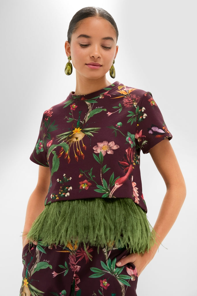 Zooflora La Scala Tee with Feathers: A classic, high-end boxy top with vibrant botanical print and feather hem, creating an effortlessly fun, stylish look.