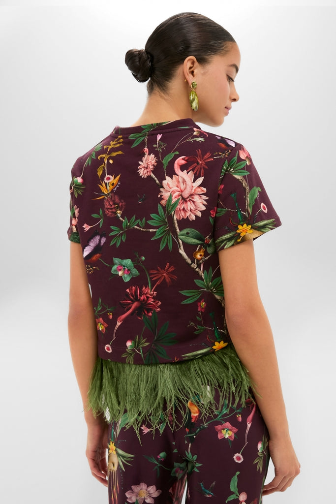 Zooflora La Scala Tee with Feathers, effortlessly chic in a classic botanical print, featuring a fun feather-trimmed hem, perfect for high-end style and versatile elegance.