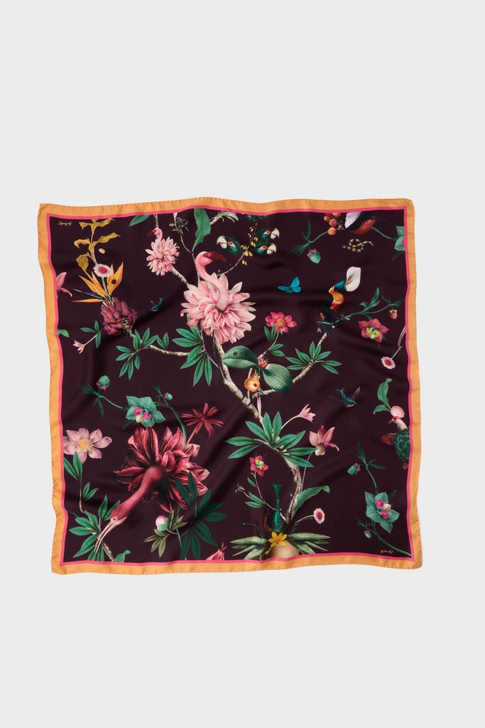 Zooflora Burgundy Foulard 90x90 Scarf: A high-end, classic silk-like accessory featuring tropical foliage, blooms, and birds, offering an effortless, fun addition to any wardrobe.
