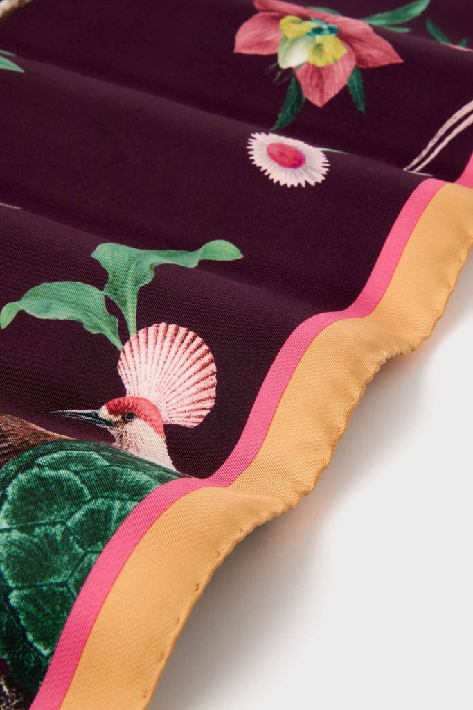 Zooflora Burgundy Foulard 90x90 Scarf features a classic blend of stylized birds and foliage. Its effortless, fun, high-end design embodies Tuckernuck's chic, adventurous spirit.