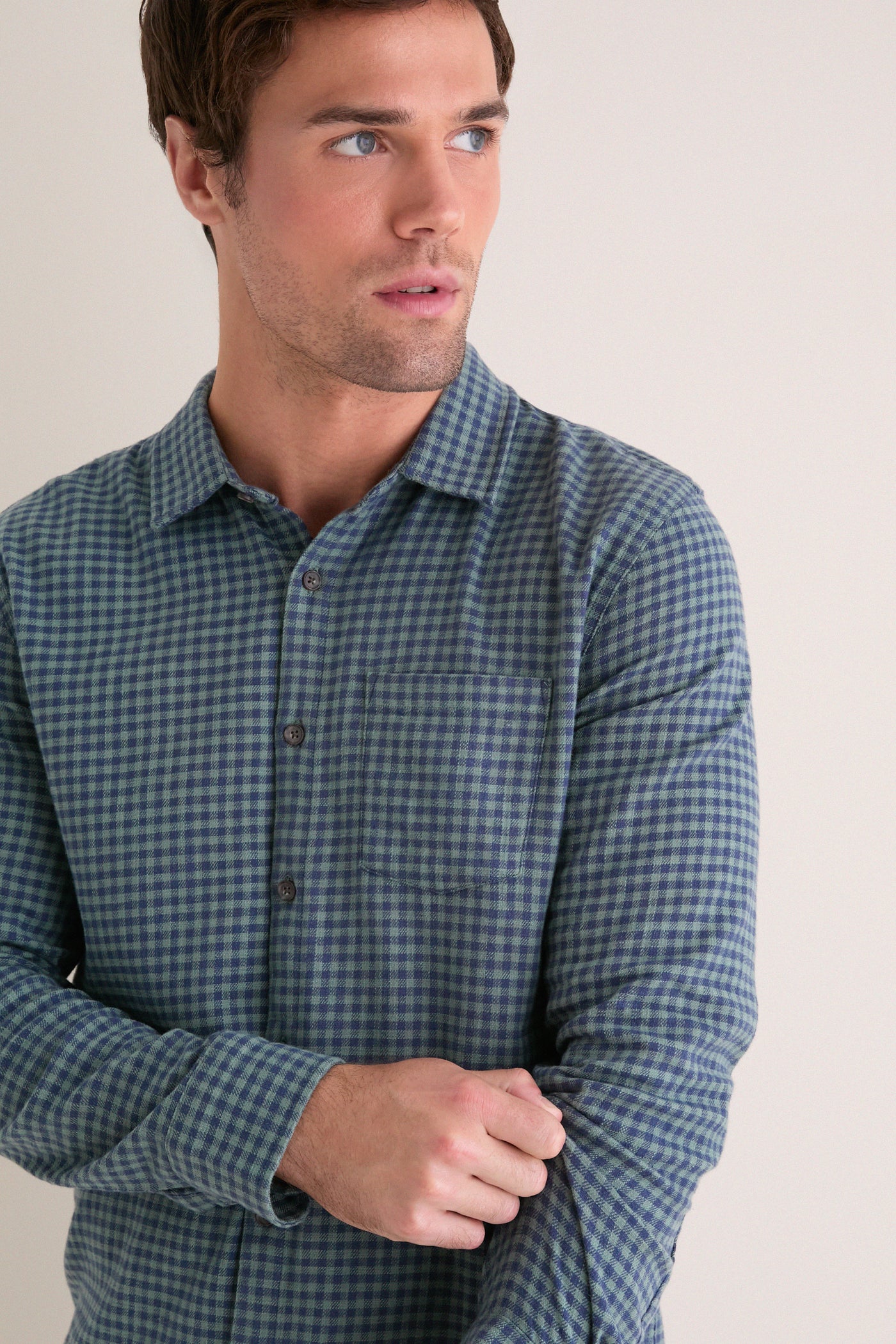 Navy Green Gingham Stretch Selvage Shirt