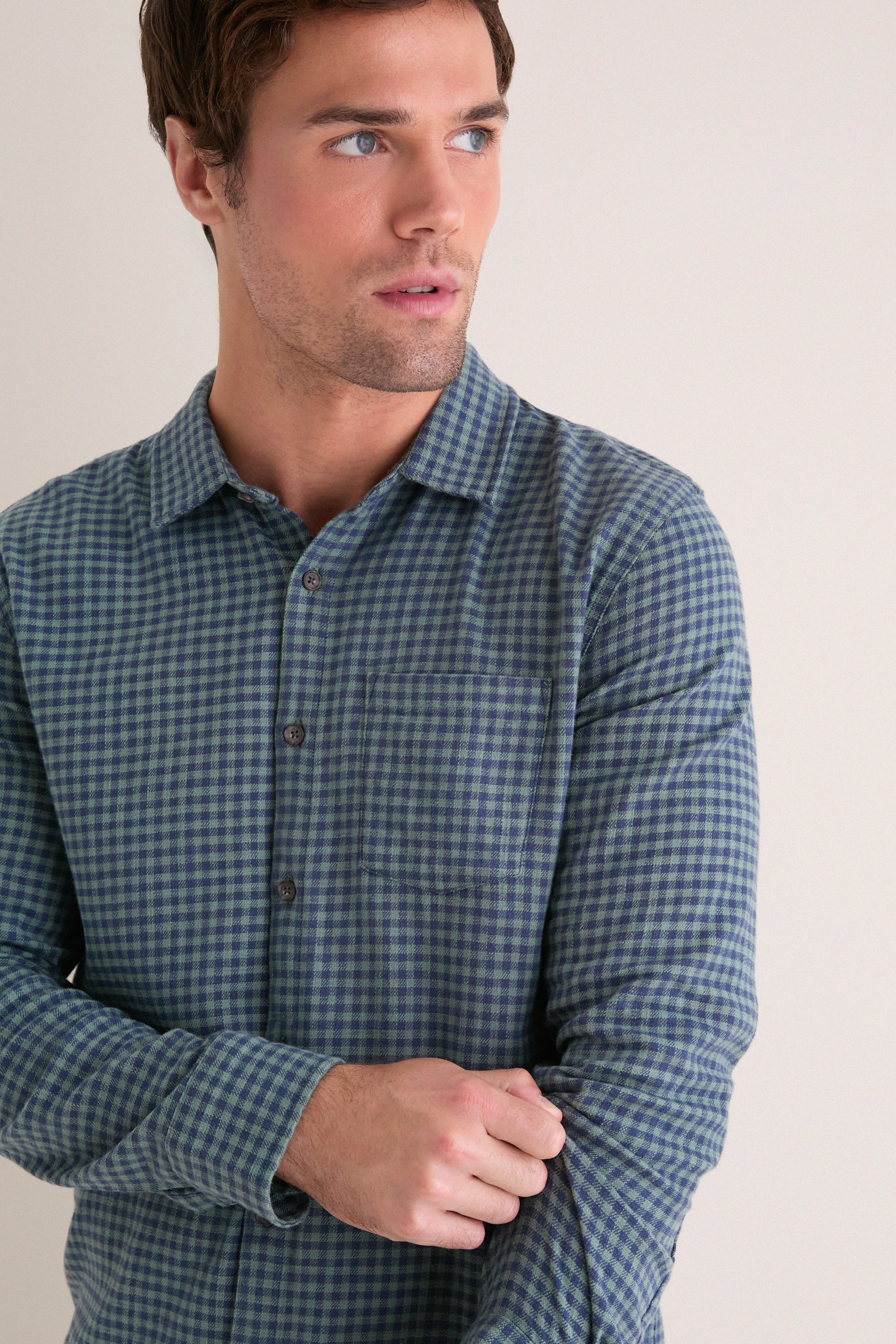 Navy Green Gingham Stretch Selvage Shirt