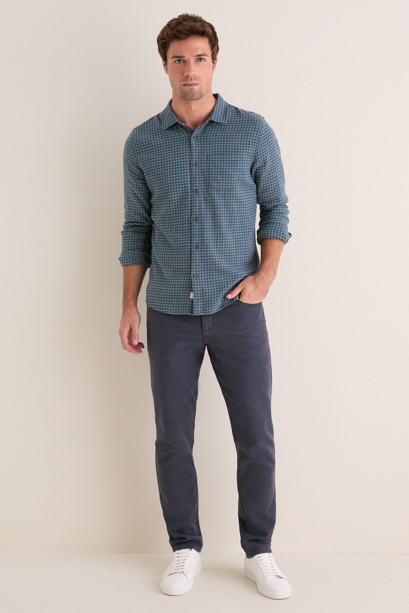 Navy Green Gingham Stretch Selvage Shirt