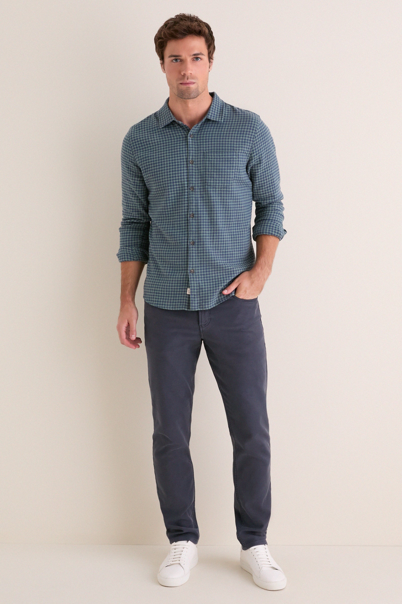 Navy Green Gingham Stretch Selvage Shirt