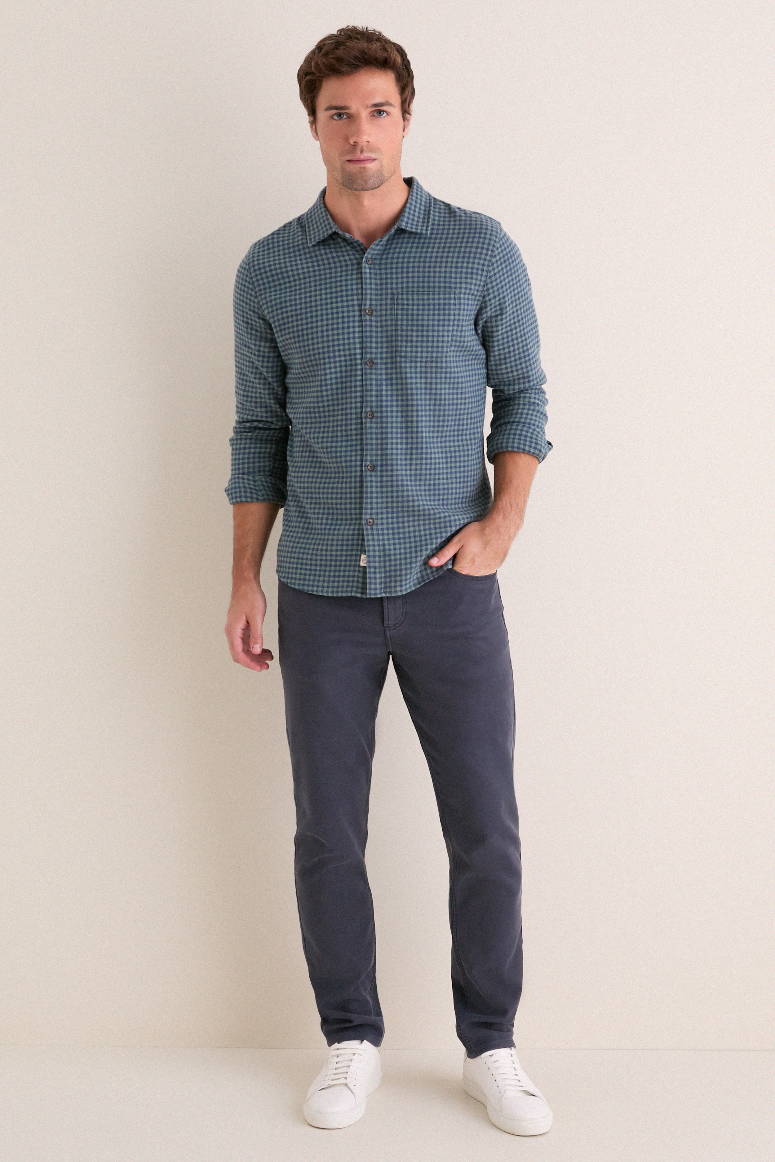 Navy Green Gingham Stretch Selvage Shirt