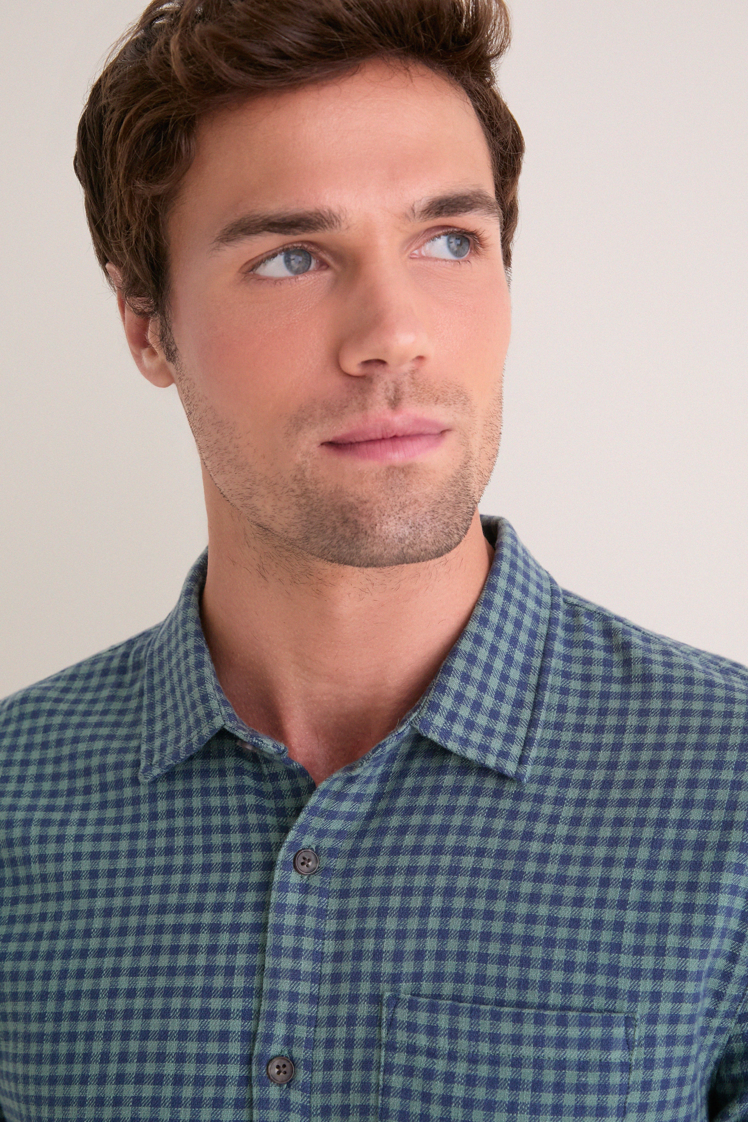 Navy Green Gingham Stretch Selvage Shirt