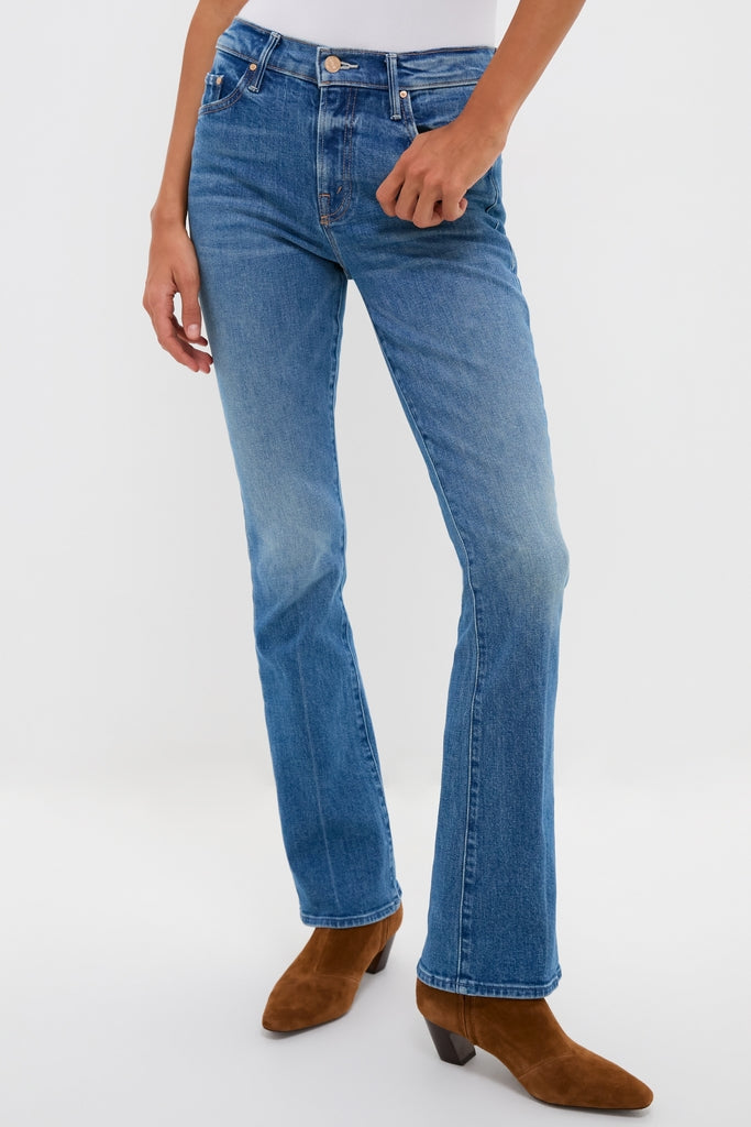 Hokey Pokey The Outsider Sneak: classic and high-end mid-rise bootcut jeans, effortlessly styled with brown suede ankle boots, perfect for a fun, confident look.