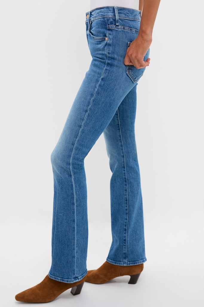 Classic and effortless, Hokey Pokey The Outsider Sneak mid-blue jeans with a bootcut fit, paired with brown suede ankle boots, perfect for a fun, high-end look.