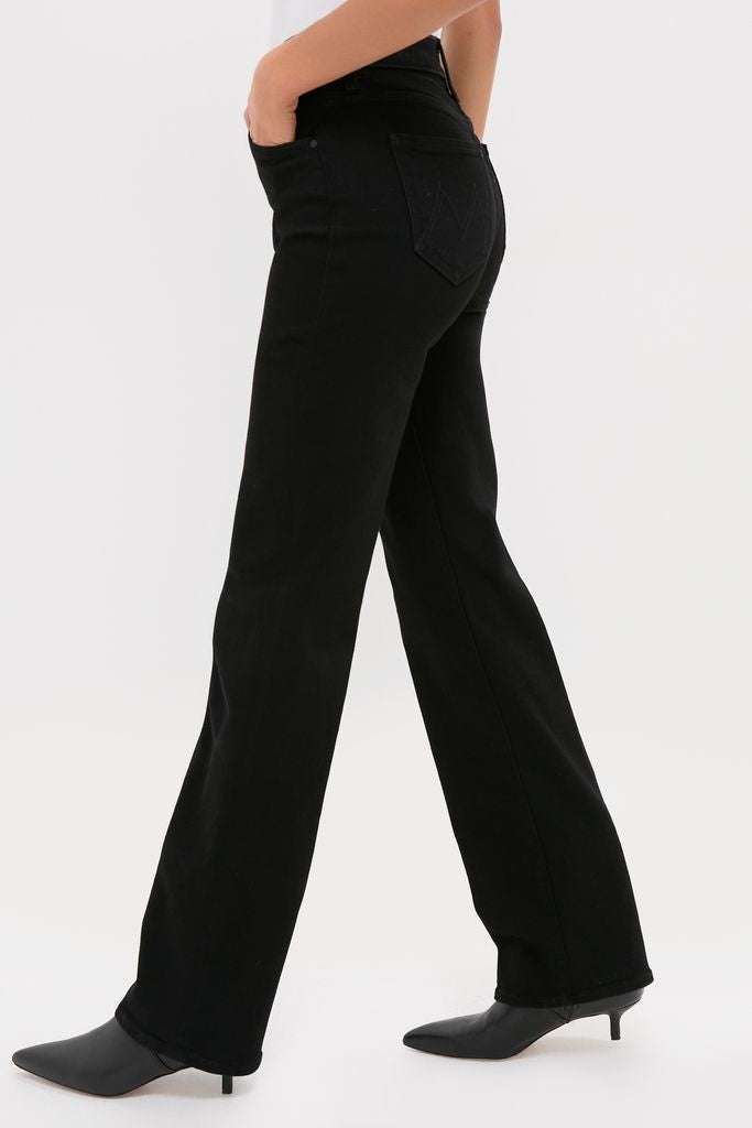 Nighty Night The Kick It high-waisted, straight-leg jeans with a classic, effortless fit paired with black pointed-toe mules, exuding a fun, high-end style.